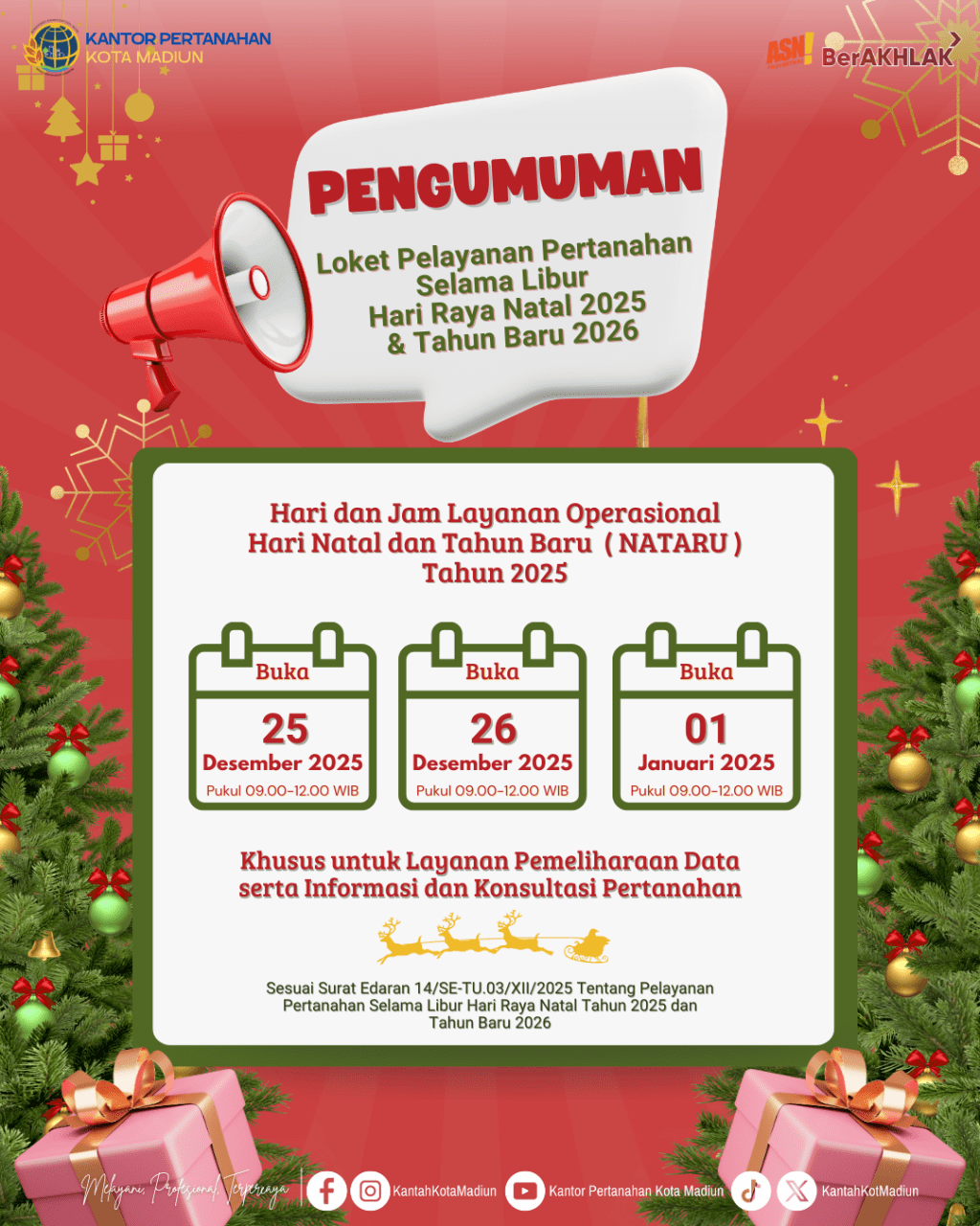 Pengumuman Pelayanan Pertanahan Selama Libur Hari Raya Natal Tahun 2025 dan Tahun Baru&nbsp;2026